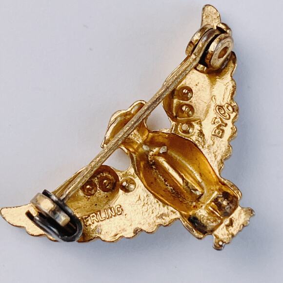 Signed Coro WWII Sterling Craft Eagle 1940s Pin Gold Wash Enamel Brooch Vermeil - Picture 7 of 11